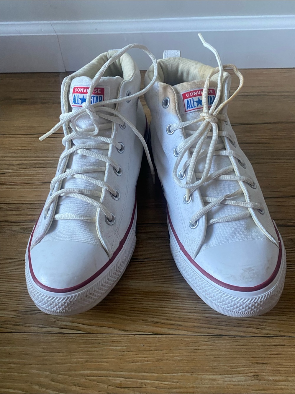 Converse Men’s High-Top Sneakers in White with Red Trim